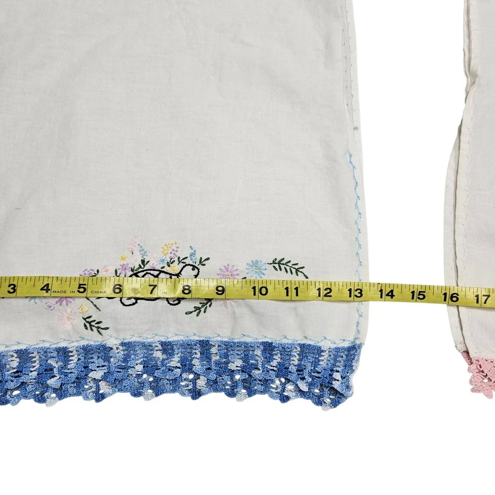 Embroidered Cotton Hand Towels Set of 2 Turtle Humpty Dumpty Pink Blue Lace Trim